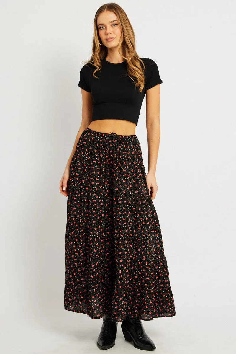Elasticized Cuff Black Ditsy Maxi Skirt Tiered High Rise