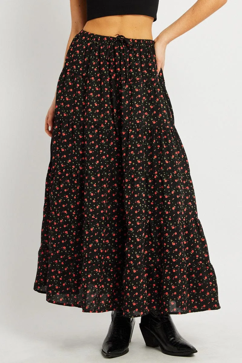 Black Ditsy Maxi Skirt Tiered High Rise Personality Style Outfit Focus