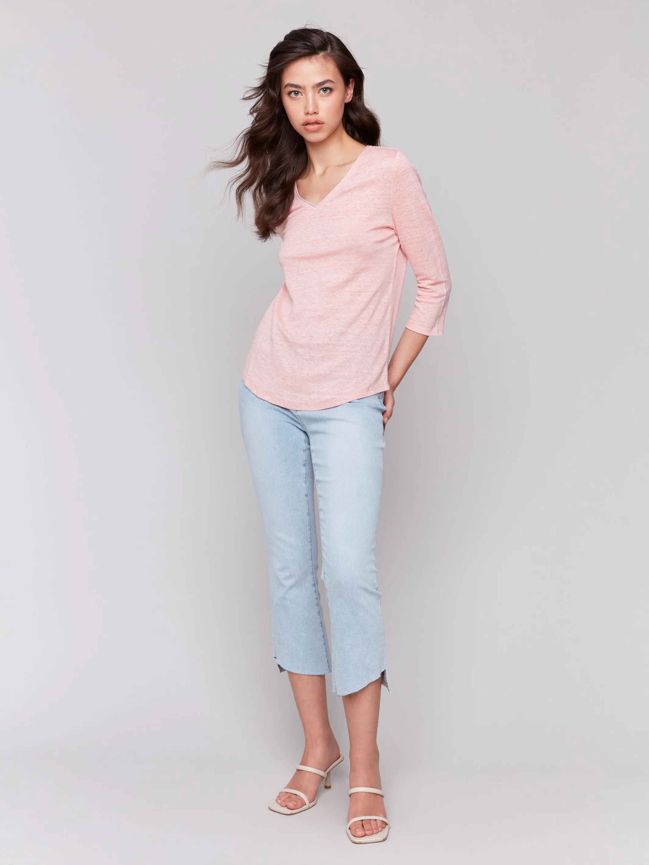 Cozy Touch Functional Look Linen Blend V-Neck Top - Guava