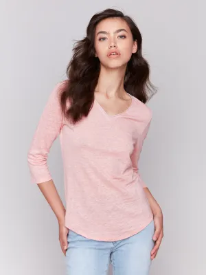 Minimal Outfit Linen Blend V-Neck Top - Guava