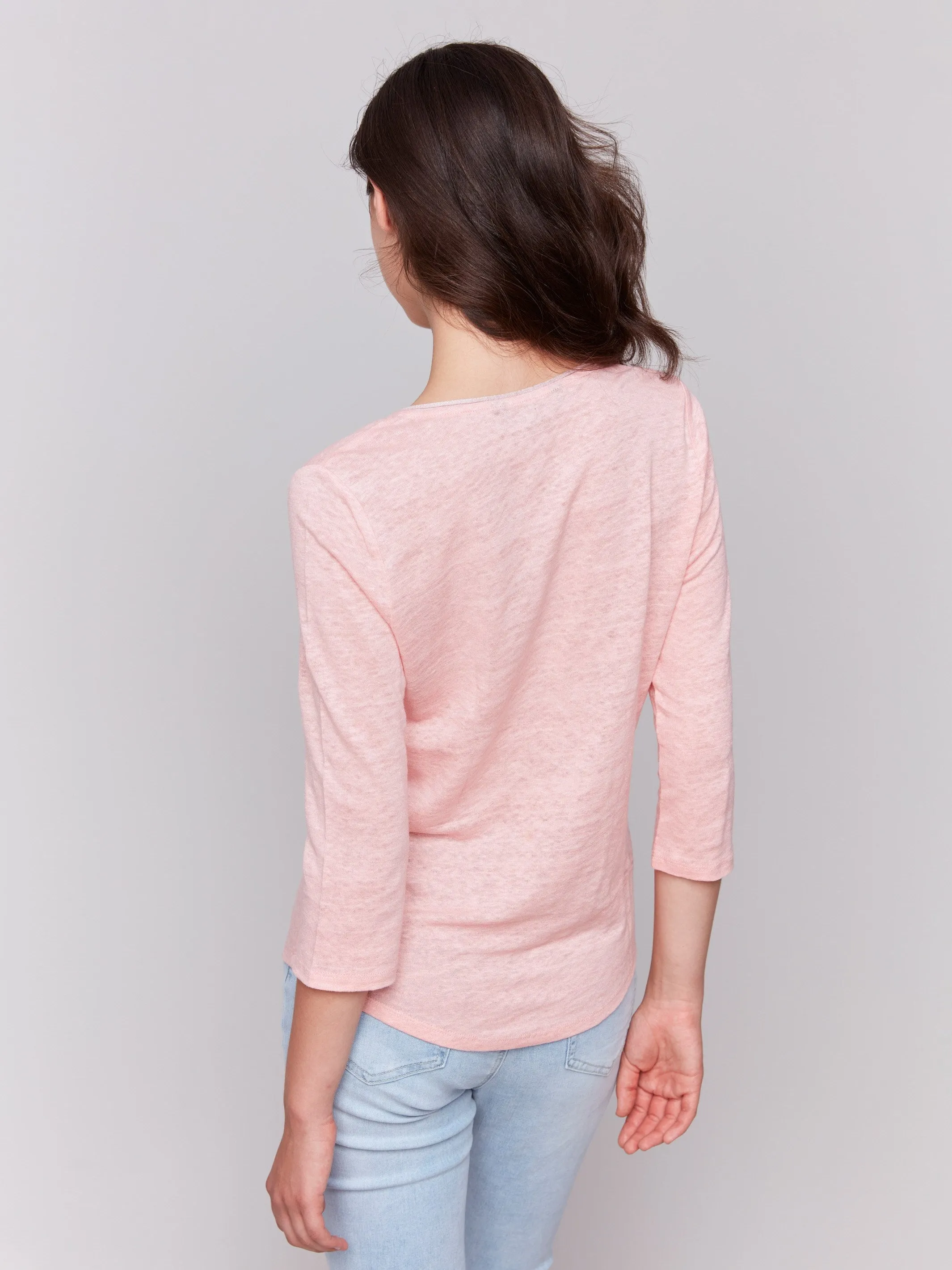 Effortless Wearable Minimal Comfort Wear Linen Blend V-Neck Top - Guava