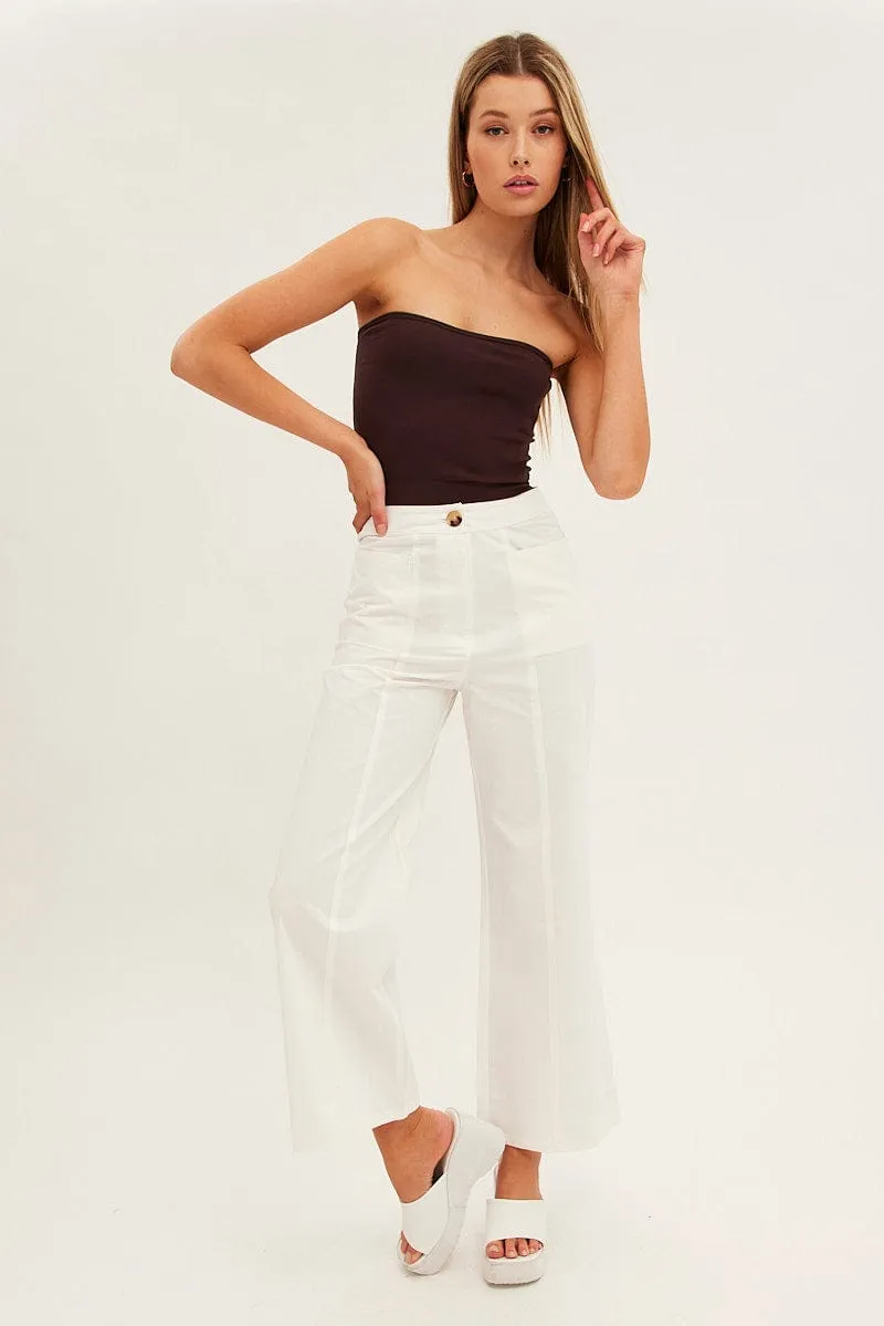 White Wide Leg Pants High Rise Cotton Tear Resistant