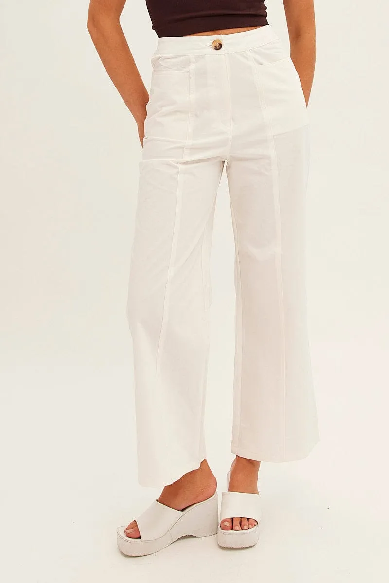 White Wide Leg Pants High Rise Cotton FrictionResistantEdging