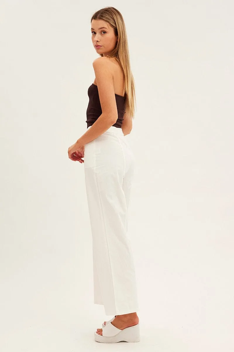Reinforced Seams White Wide Leg Pants High Rise Cotton