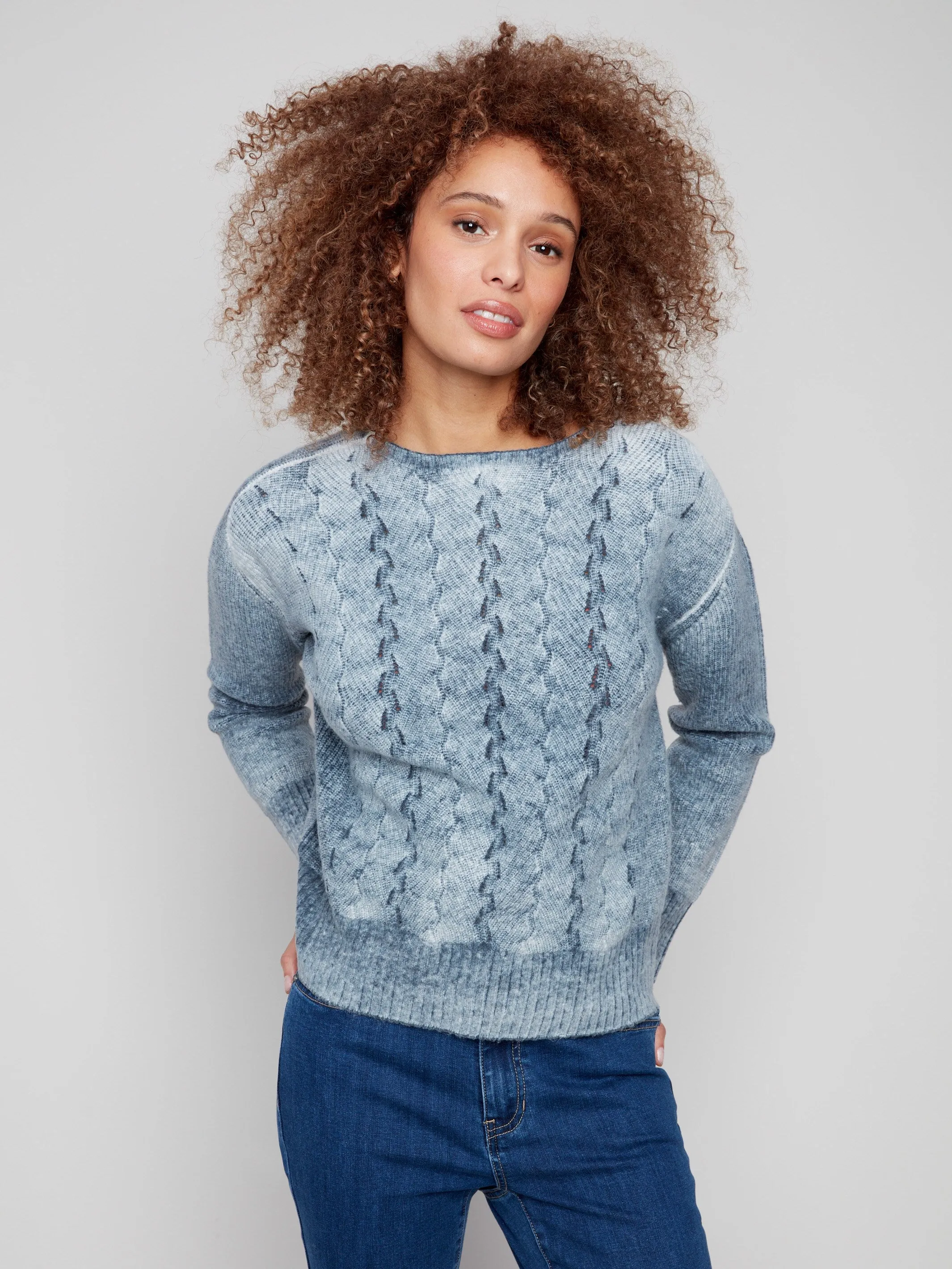 Fancy Stitch Crew Neck Sweater - Denim Cold Weather Wear