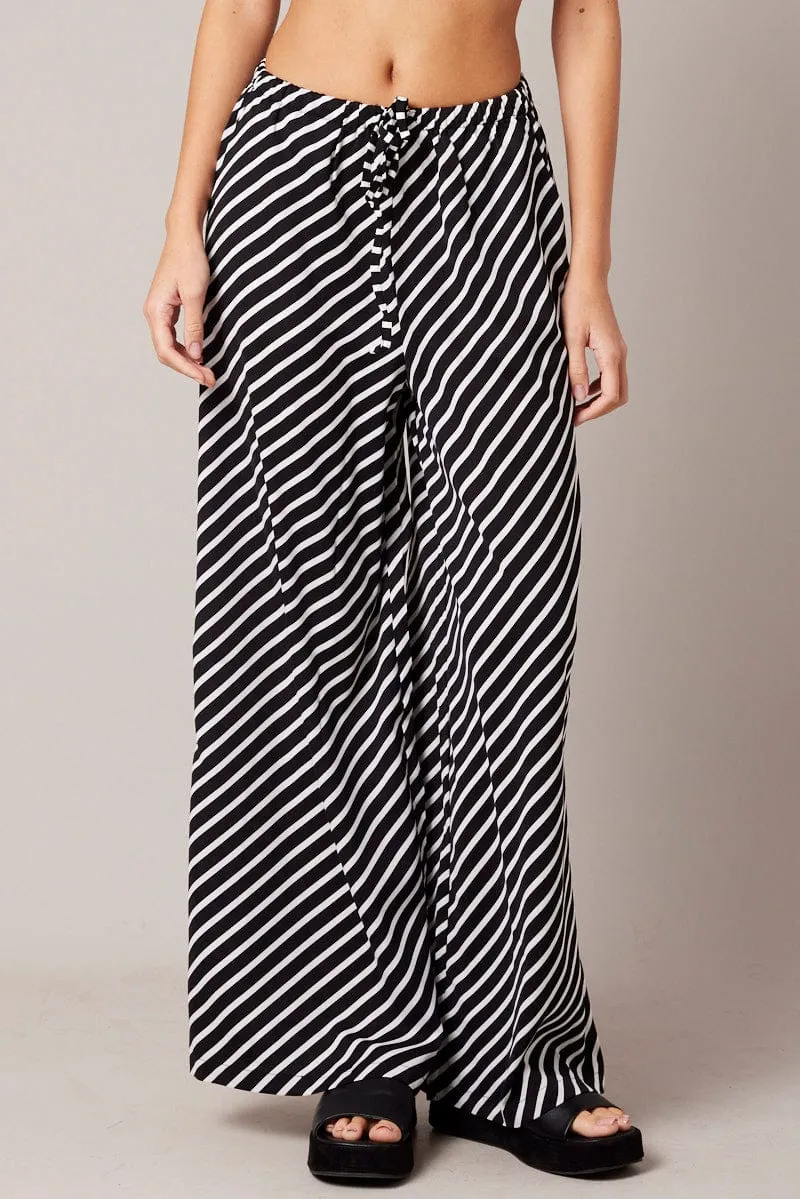 Black Stripe Wide Leg Pants High Rise Cozy Wear Perfect Fit