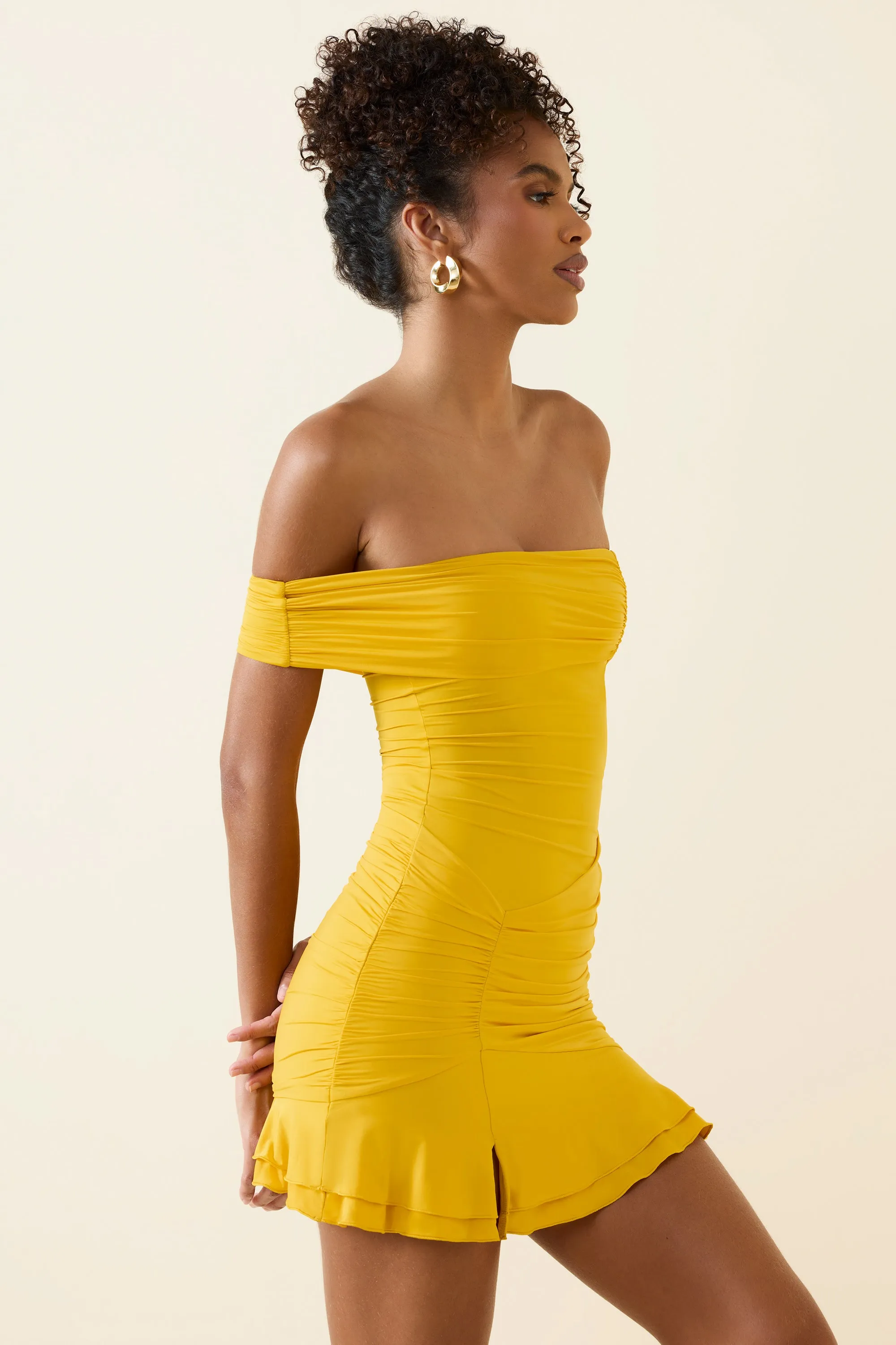 Asymmetric Ruched One-Shoulder Mini Dress in Golden Yellow Boho Chic Look