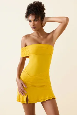 Trendy Mood Stylish mini with ruffles Asymmetric Ruched One-Shoulder Mini Dress in Golden Yellow