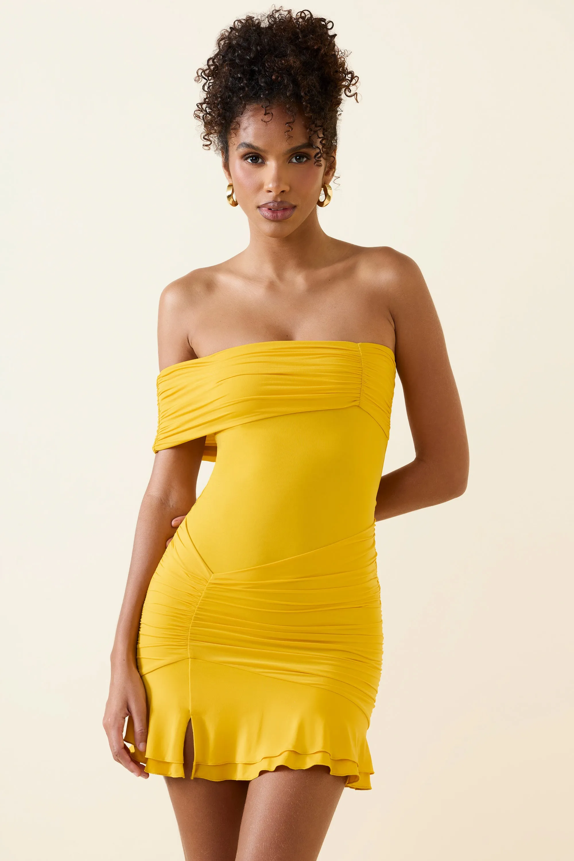 Urban Bold Asymmetric Ruched One-Shoulder Mini Dress in Golden Yellow