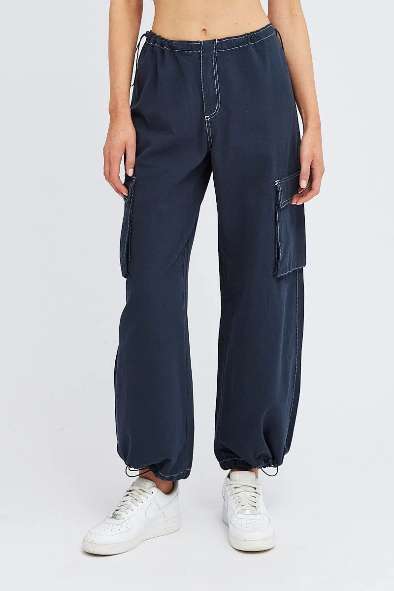 Casual Comfort Layers Blue Parachute Pants Low Rise