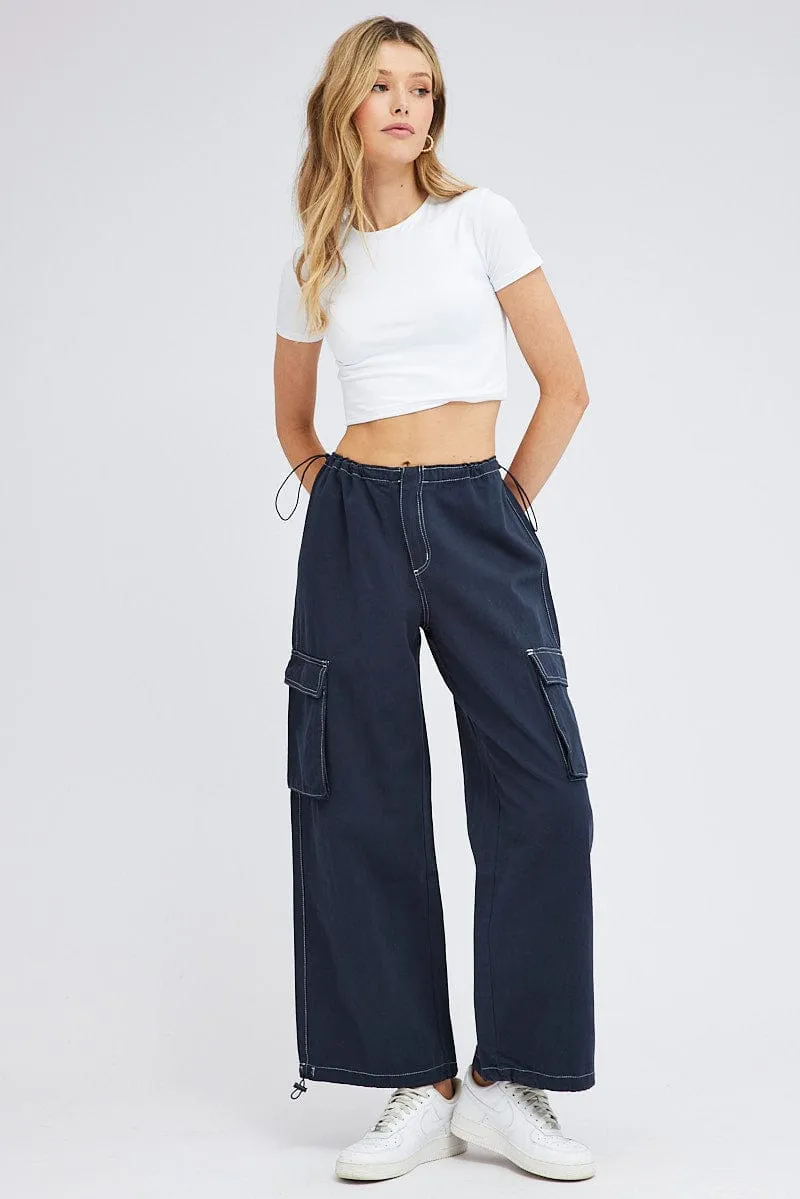 RipstopFabric Blue Parachute Pants Low Rise