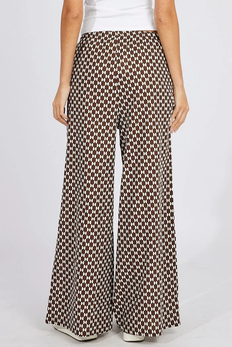 Stretchable Wear Brown Geo Wide Leg Pants High Rise