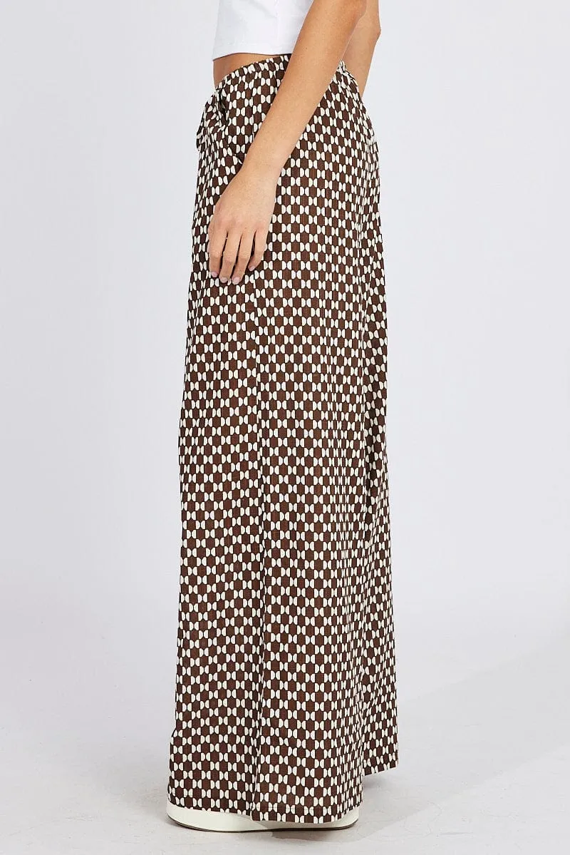 Brown Geo Wide Leg Pants High Rise Bold Waistband Stretch Fit