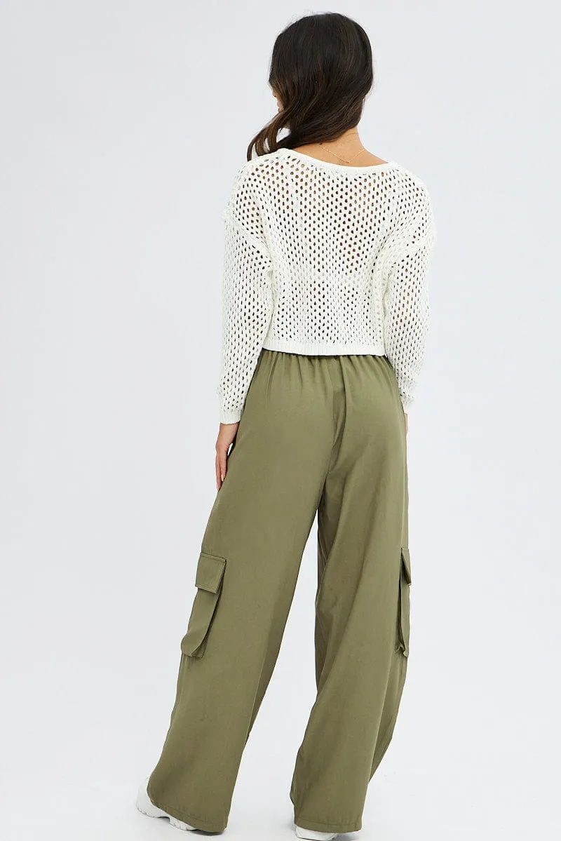 Green Wide Leg Pants High Rise Cargo AbrasionResistant Flexible Seam