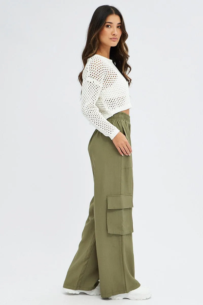 Ultra Soft Inner Layer Green Wide Leg Pants High Rise Cargo
