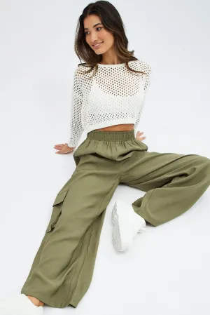 Green Wide Leg Pants High Rise Cargo Modern Cut