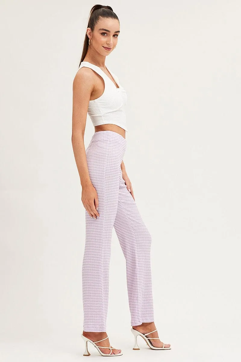 Check High Rise Pants Straight Leg Contoured Panel Design