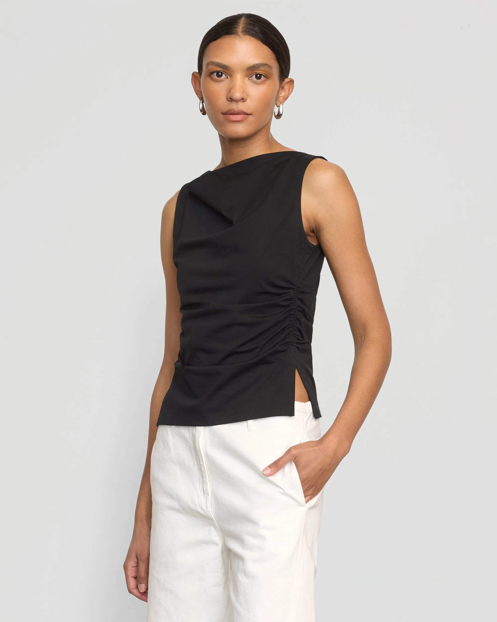 Josie Shirred-Side Cowl-Neck Tee Tubular Knit Structure Office Wear