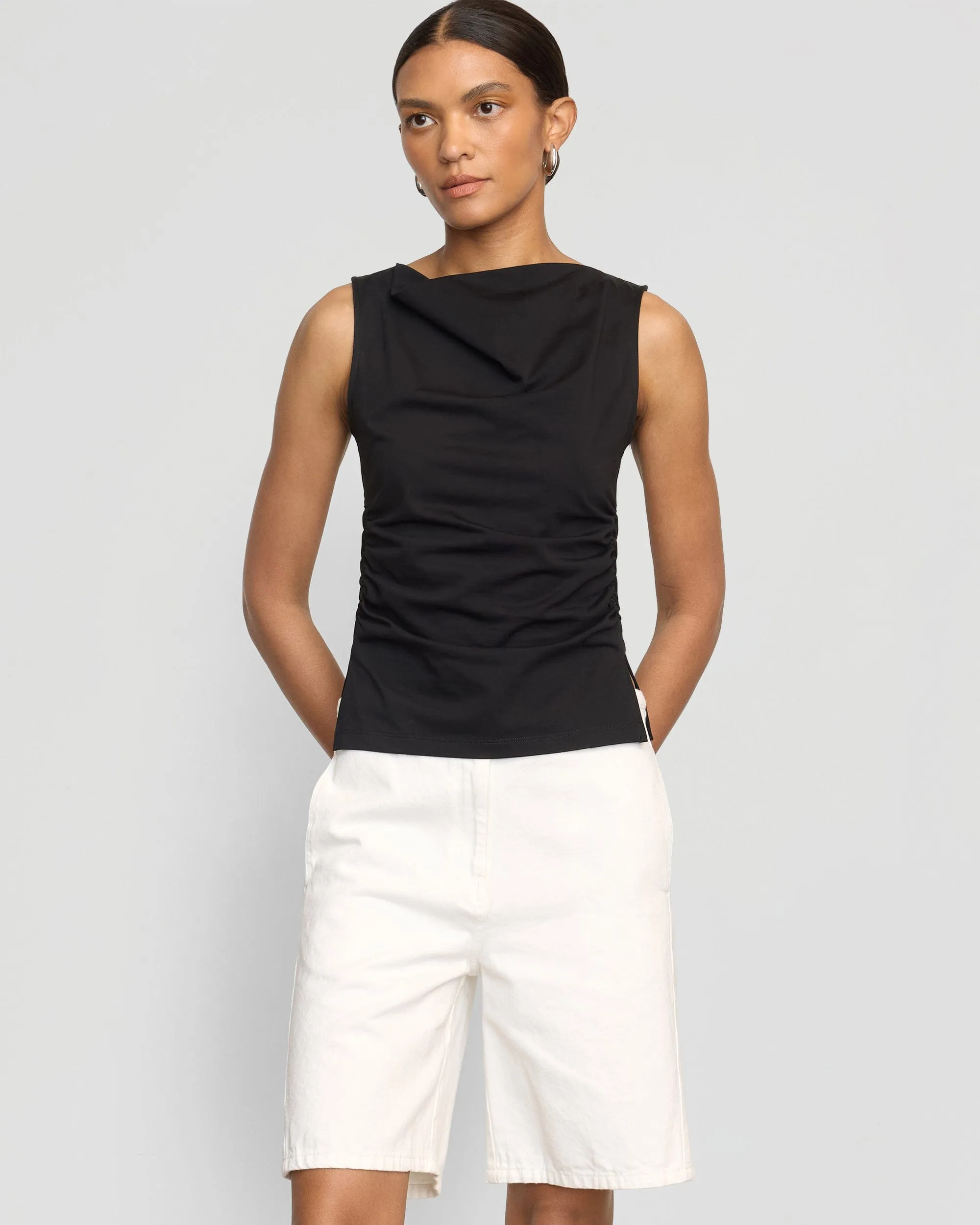 Josie Shirred-Side Cowl-Neck Tee Easy Style Casual Essential Wear