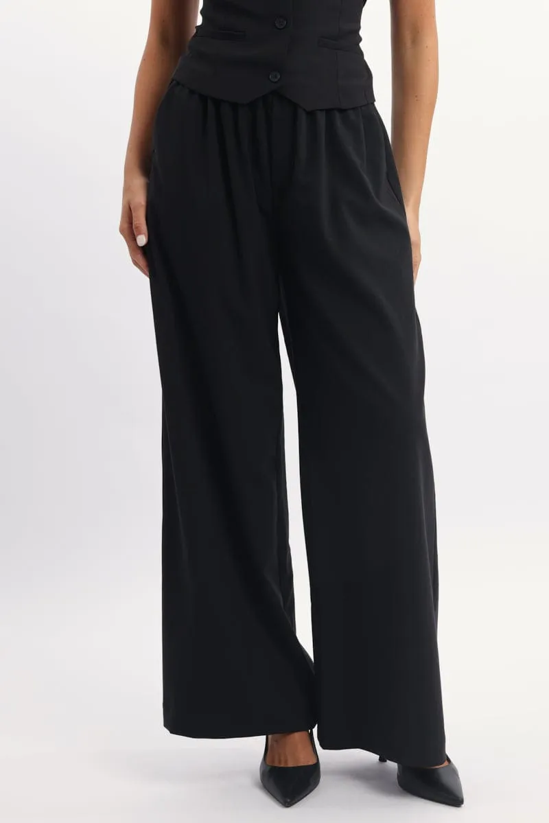 Black Wide Leg Pants Elasticated Waist Fashion Comfort Wear Active Wear
