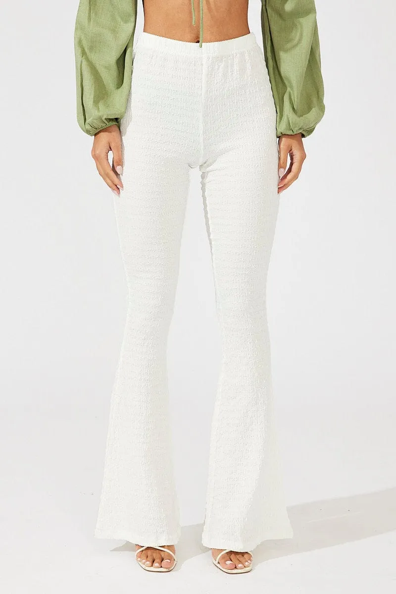 White Flare Leg Pants Textured Jersey ReflectiveAccentDetails SoftCottonBlend