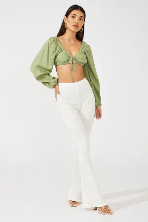 SturdyBeltLoops Frayed hem White Flare Leg Pants Textured Jersey