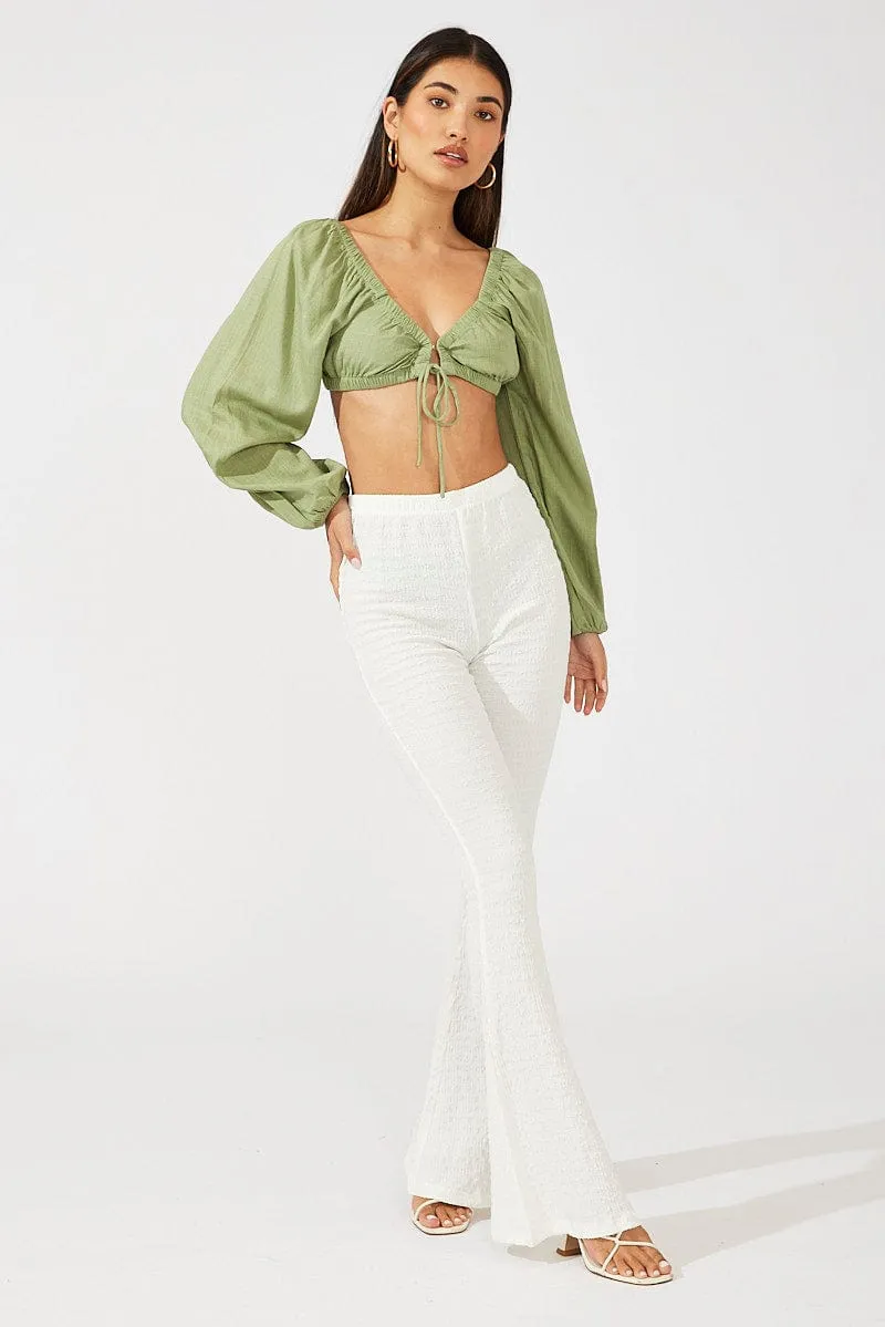 SturdyBeltLoops Frayed hem White Flare Leg Pants Textured Jersey