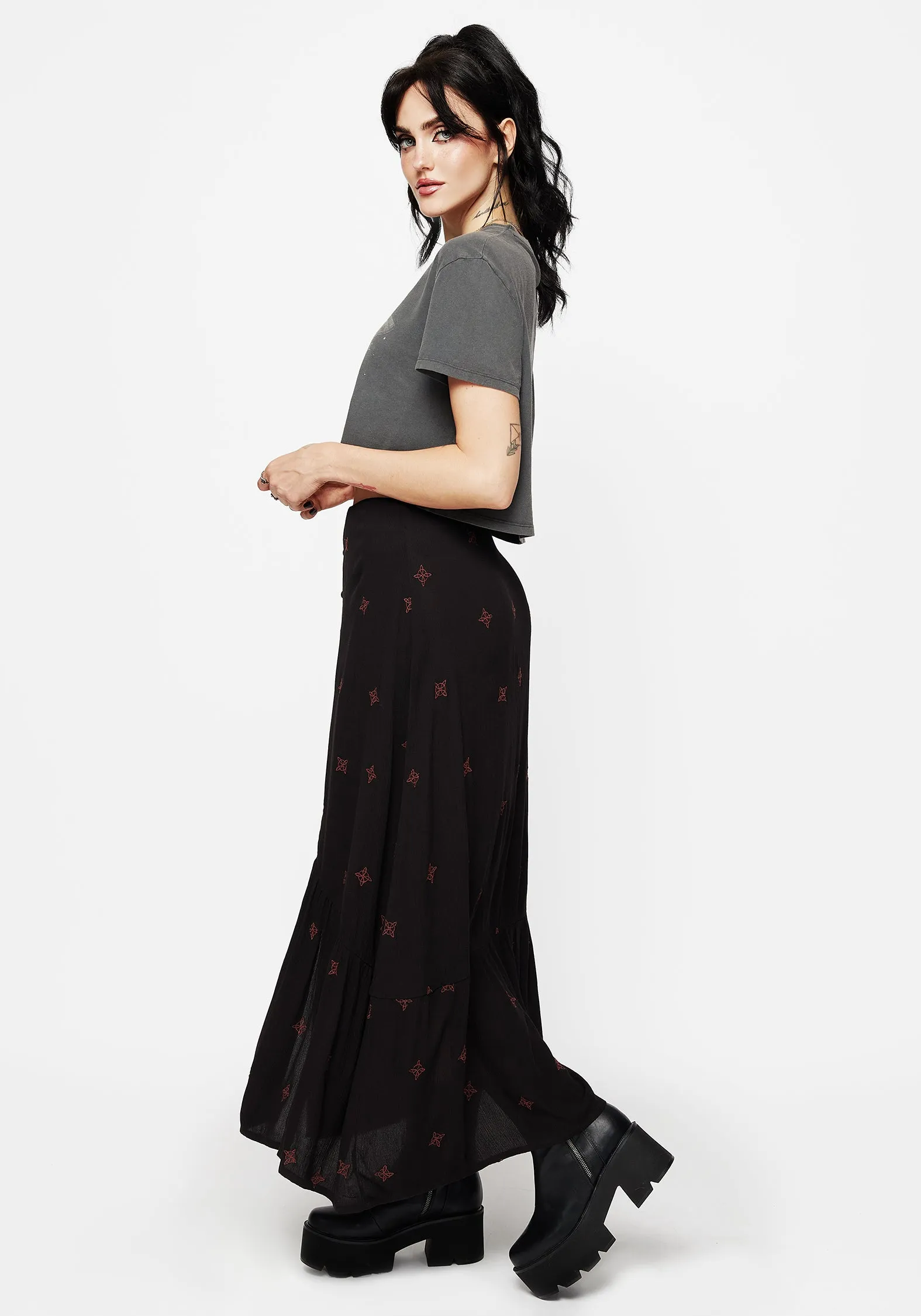 Drawstring closure Ankle length Sublime Witches Knot Embroidered Button Down Midaxi Skirt
