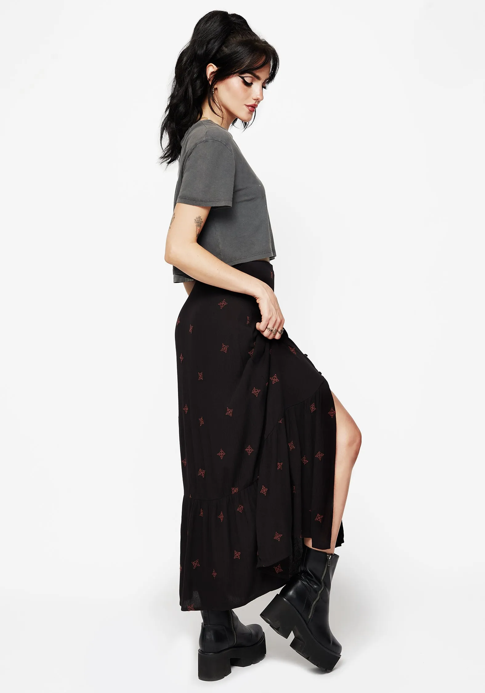 Matching Belt Sublime Witches Knot Embroidered Button Down Midaxi Skirt