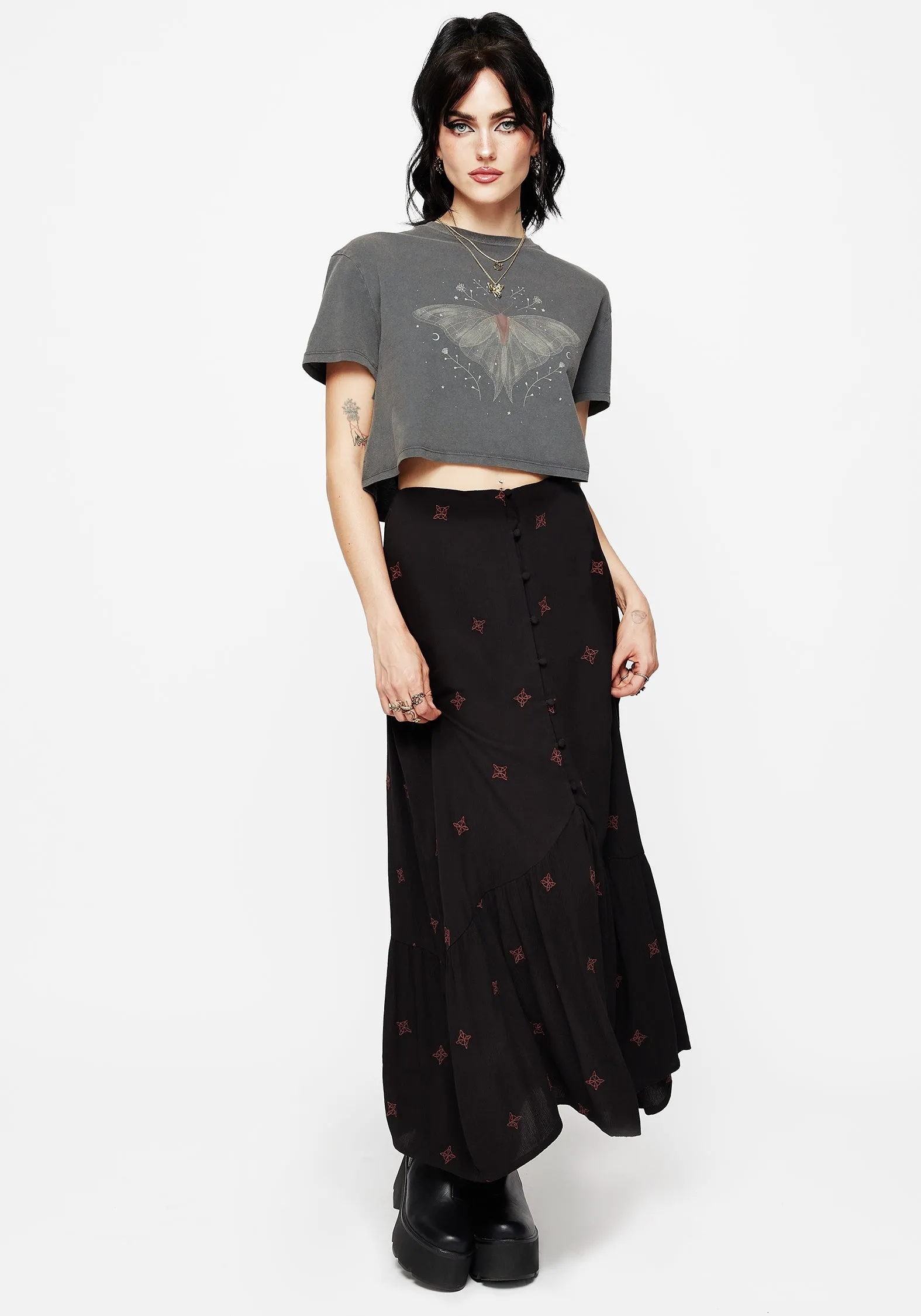 Contrast Stitching Plant Based Material Sublime Witches Knot Embroidered Button Down Midaxi Skirt