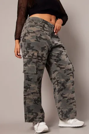 Green Abstract Cargo Jeans Mid Rise Casual Daywear