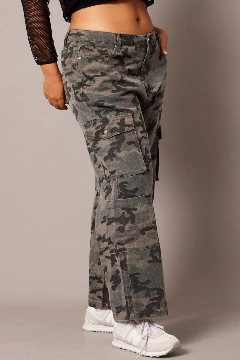 Green Abstract Cargo Jeans Mid Rise Classic Comfort Clean Aesthetic