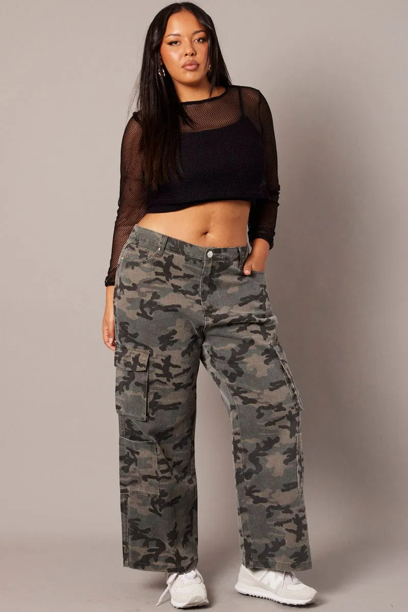 Green Abstract Cargo Jeans Mid Rise Everyday Neutral Neutral Choice