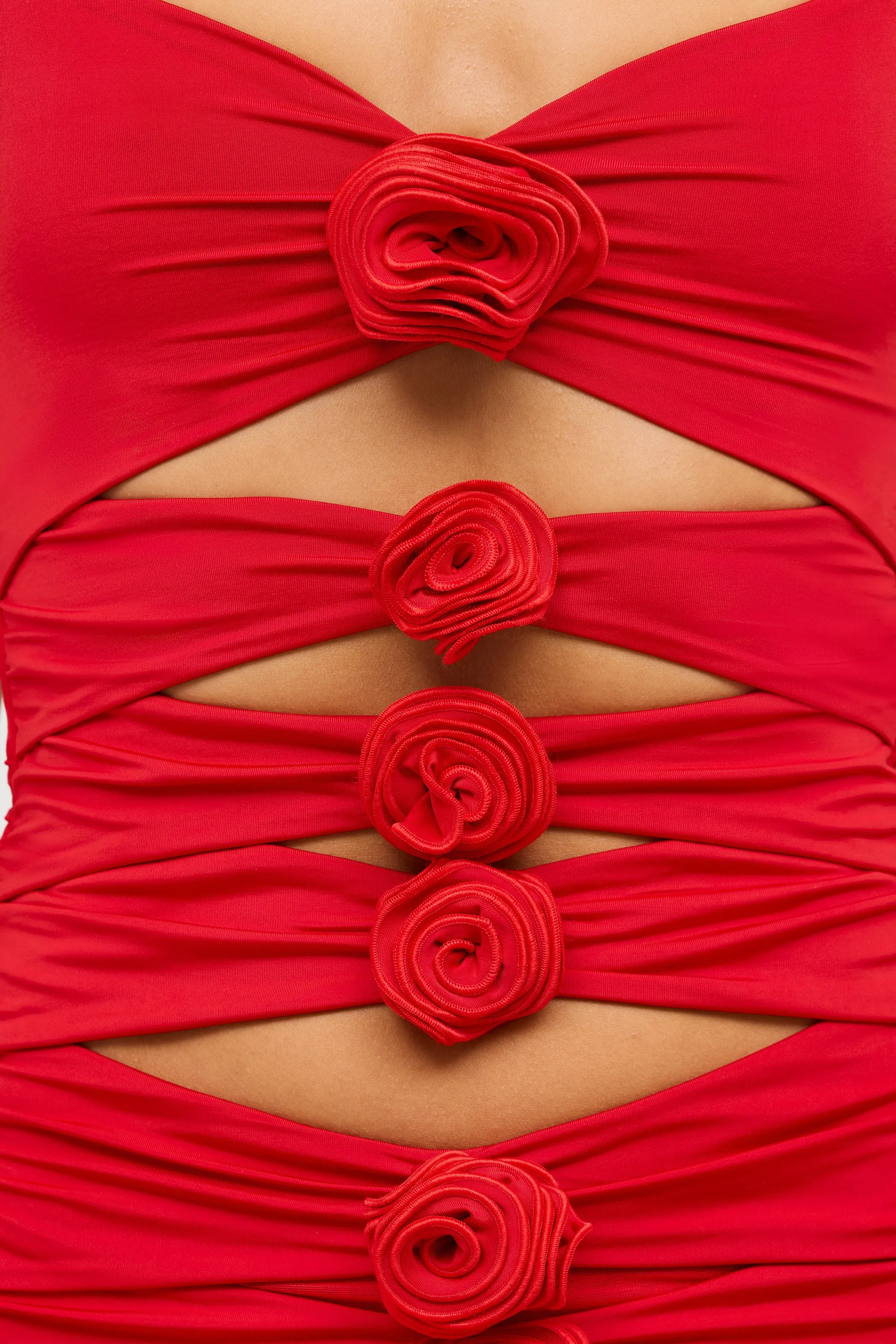 Slinky Jersey Rose Detail Cut Out Mini Dress in Scarlet Red Urban Pop Elegant formal mini gown