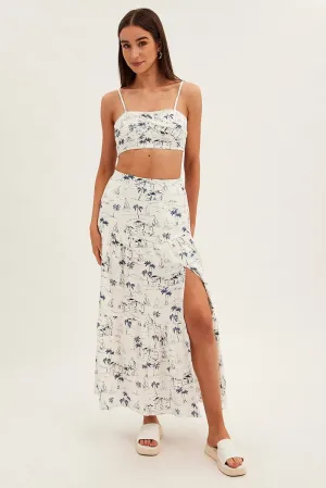Blue Abstract Maxi Skirt High Waist Split Tiered Printed Travel Friendly