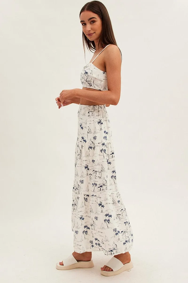 Suede Feel Blue Abstract Maxi Skirt High Waist Split Tiered Printed