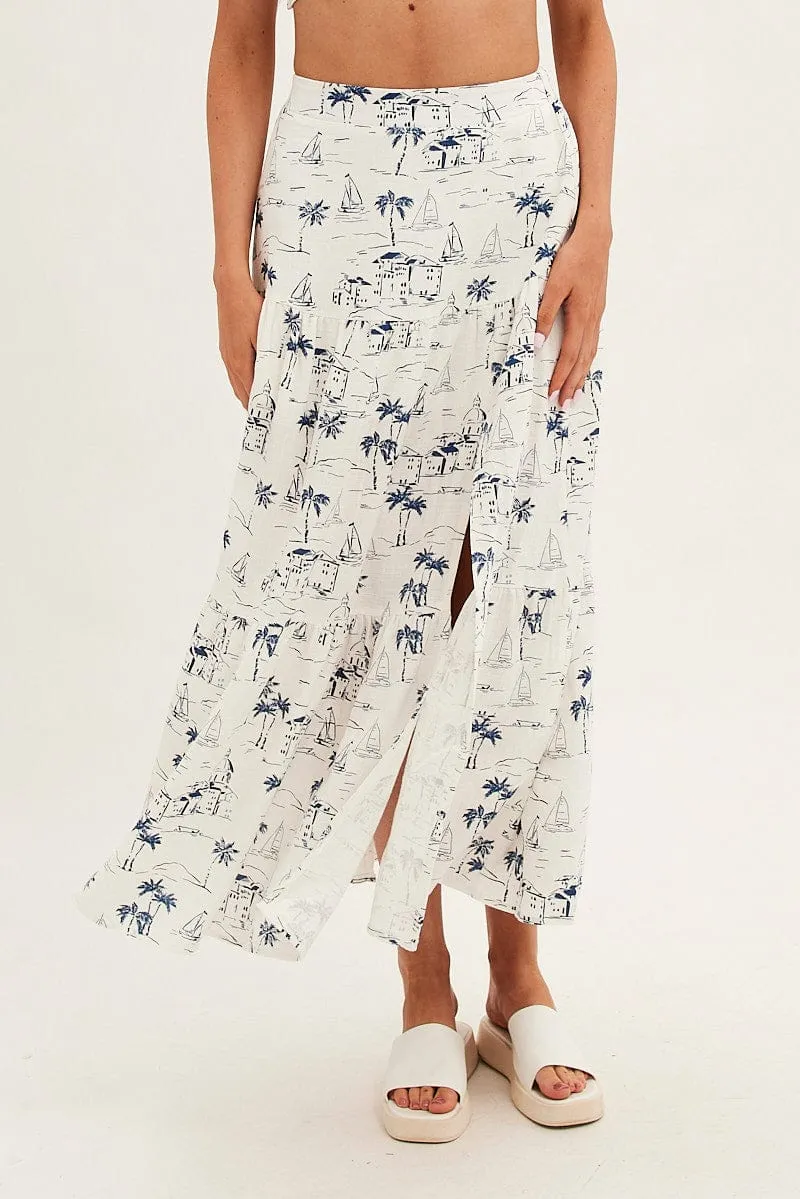 Breathable fabric Stretch Comfort Blue Abstract Maxi Skirt High Waist Split Tiered Printed