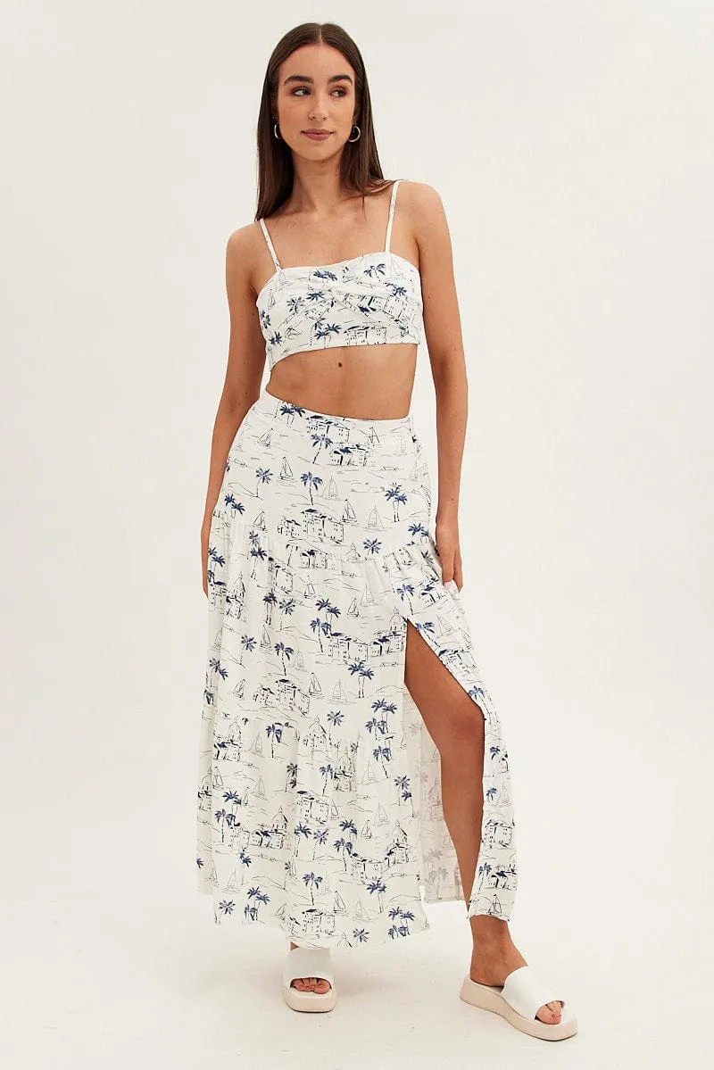 High Rise Chill Feel Blue Abstract Maxi Skirt High Waist Split Tiered Printed