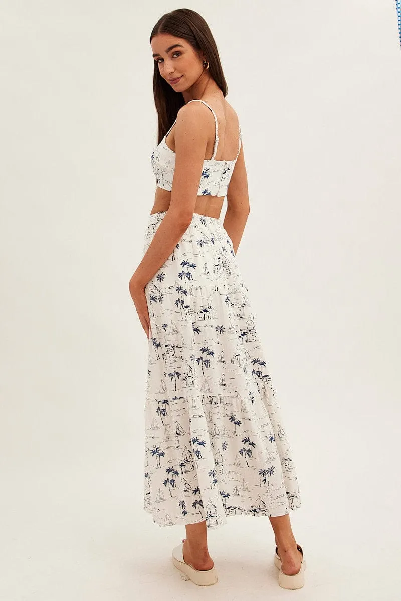 Adjustable Ties Non Irritating Seams Blue Abstract Maxi Skirt High Waist Split Tiered Printed