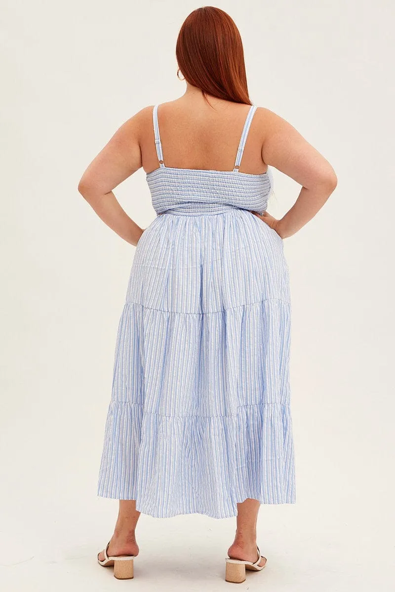 Blue Stripe Maxi Dress Sleeveless V-neck Tiered Feather Glow