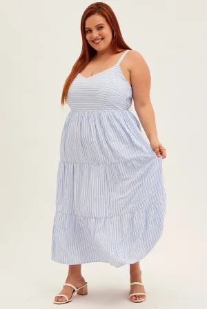 Blue Stripe Maxi Dress Sleeveless V-neck Tiered Early Light Ocean Arch