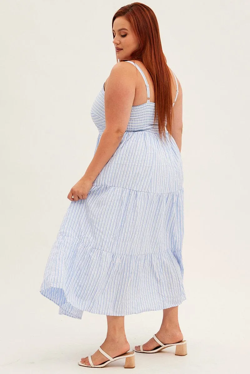 With its flowing design and elegant fit this maxi dress is a wardrobe staple Blue Stripe Maxi Dress Sleeveless V-neck Tiered