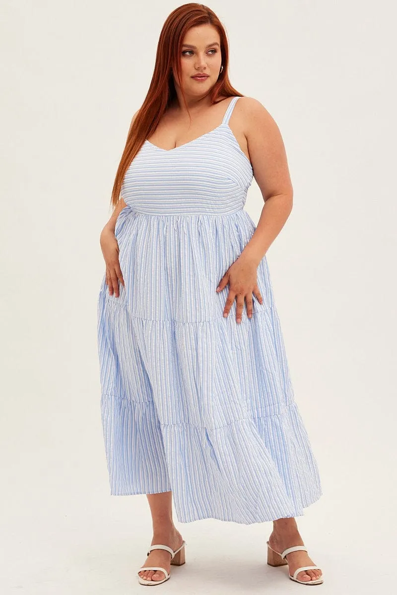 Country Glow Alpine Glow Blue Stripe Maxi Dress Sleeveless V-neck Tiered