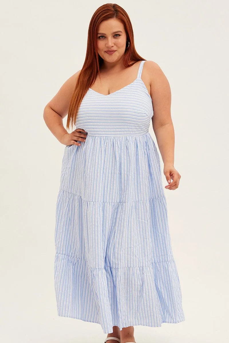 Blue Stripe Maxi Dress Sleeveless V-neck Tiered Bead Glow Desert Glow