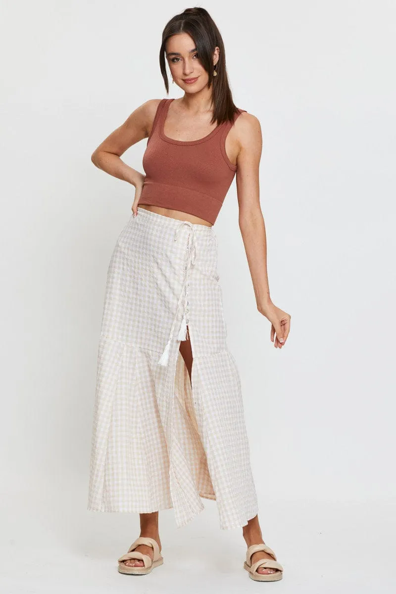 Check Maxi Skirt High Waist Front Split Lightwear Look Classic Touch