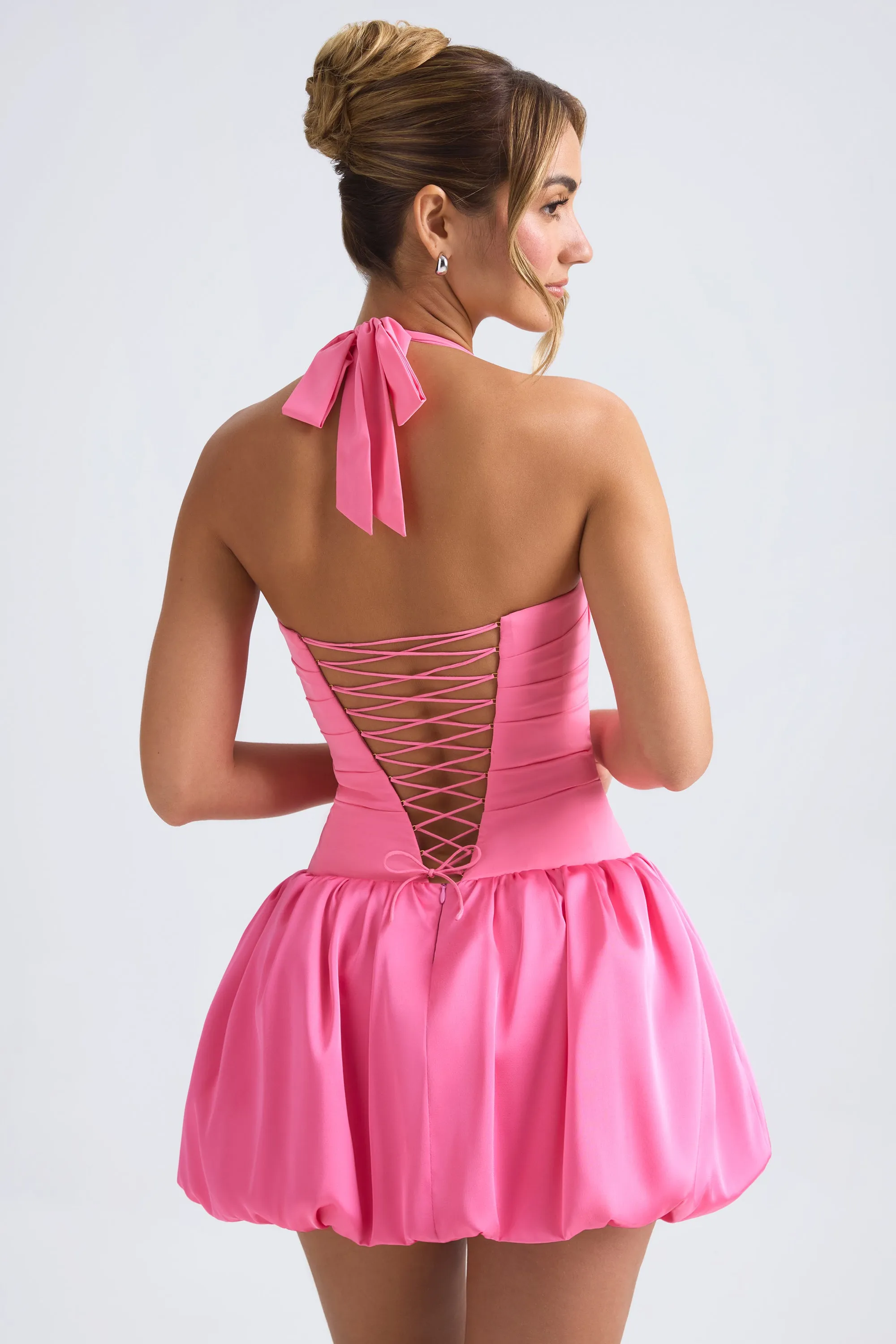 City Soft Shine Hot Halterneck Lace-Up Bubble Hem Corset Micro Mini Dress in Hot Pink