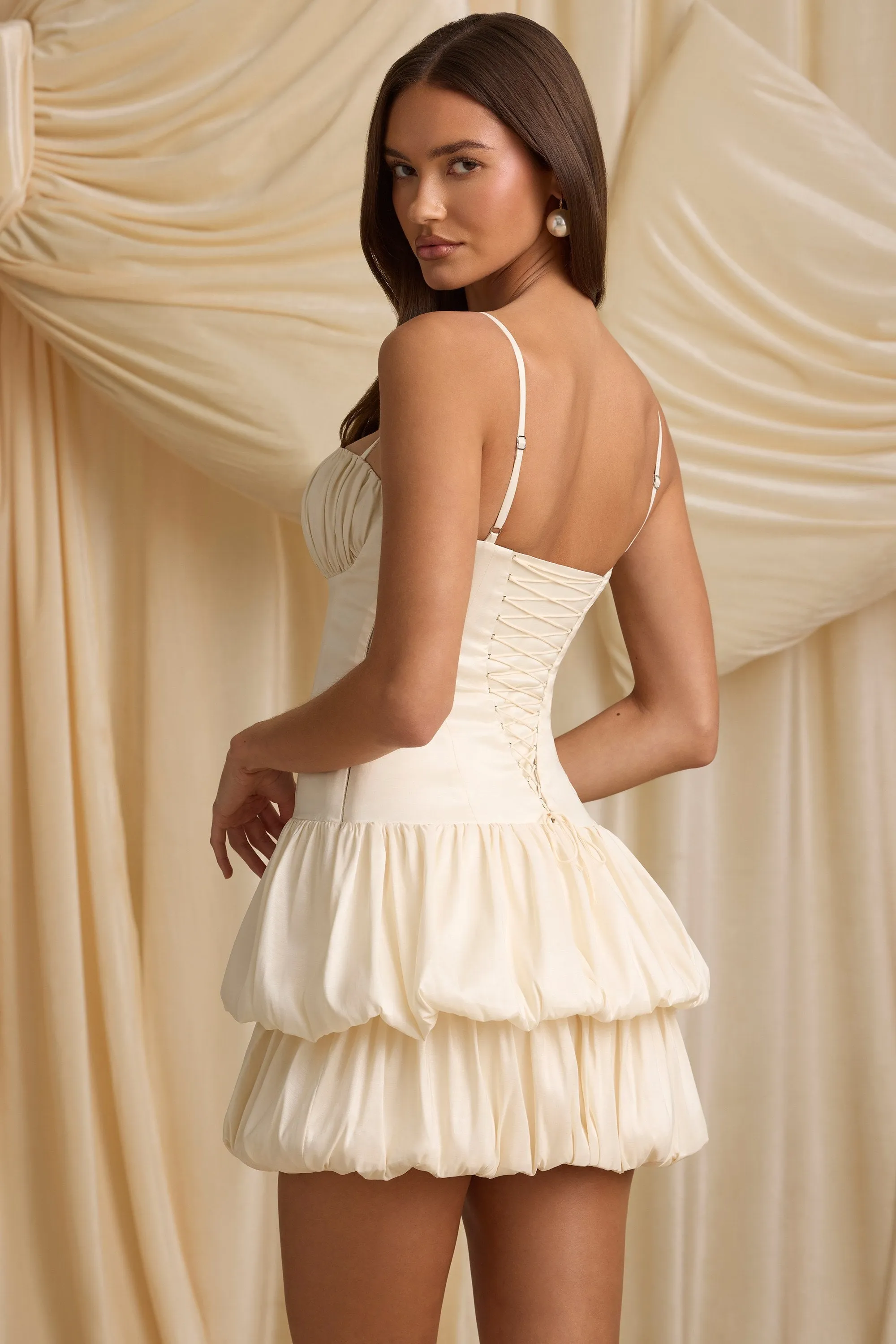 Layered Bubble Hem Corset Mini Dress in Ivory Shoot Ready Elastic cuffs