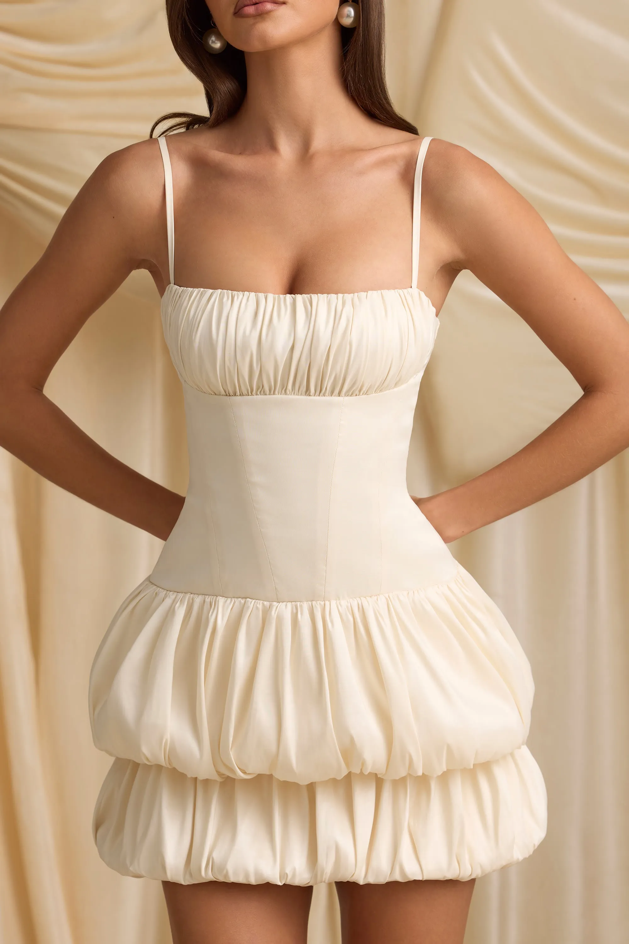Floral Design Wear Layered Bubble Hem Corset Mini Dress in Ivory