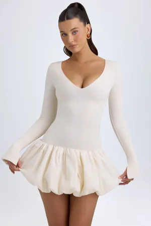 Modal Drop-Waist Bubble Hem Mini Dress in Ivory Classic casual mini dress Pleated Texture Effect