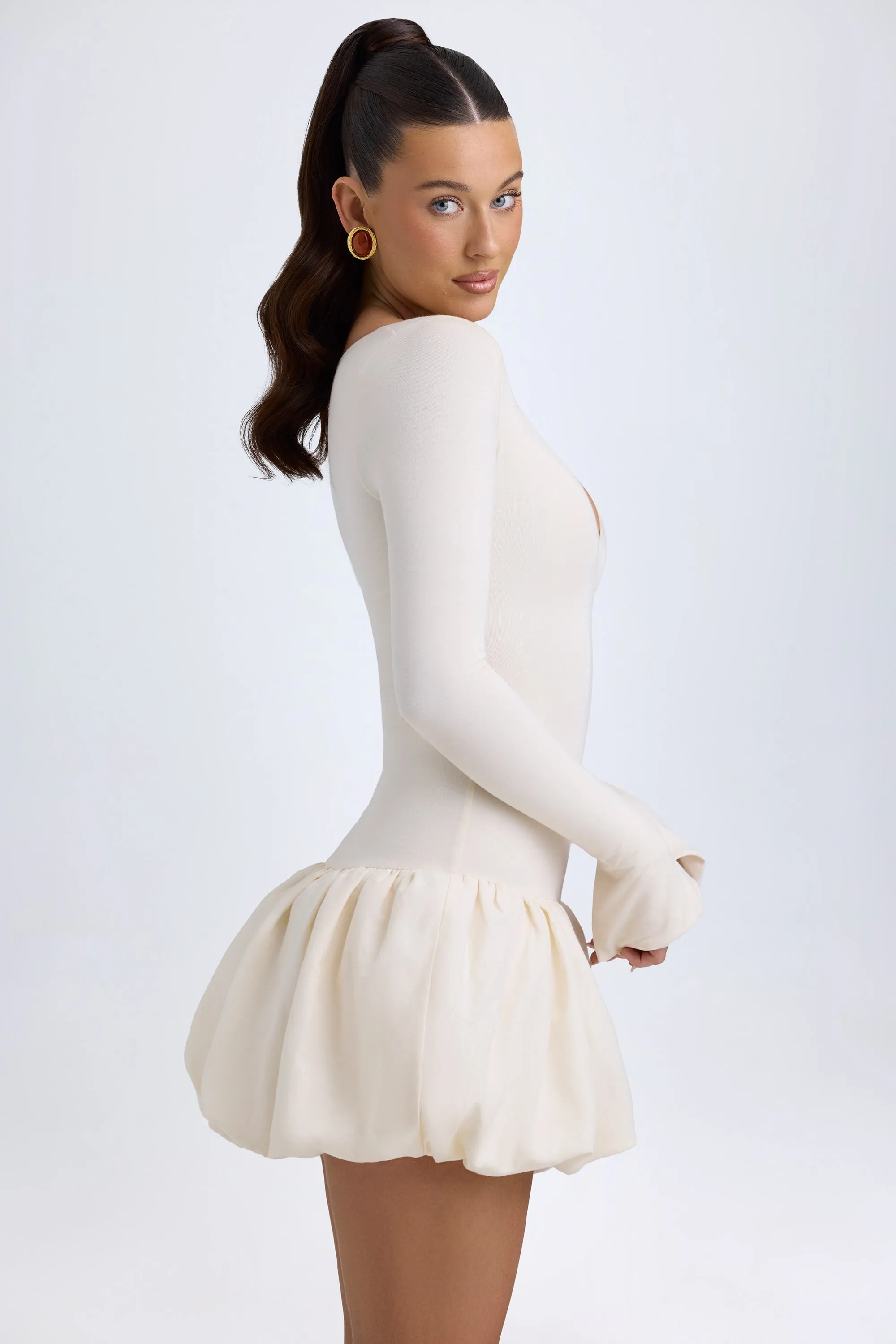 Modal Drop-Waist Bubble Hem Mini Dress in Ivory Glow Warm
